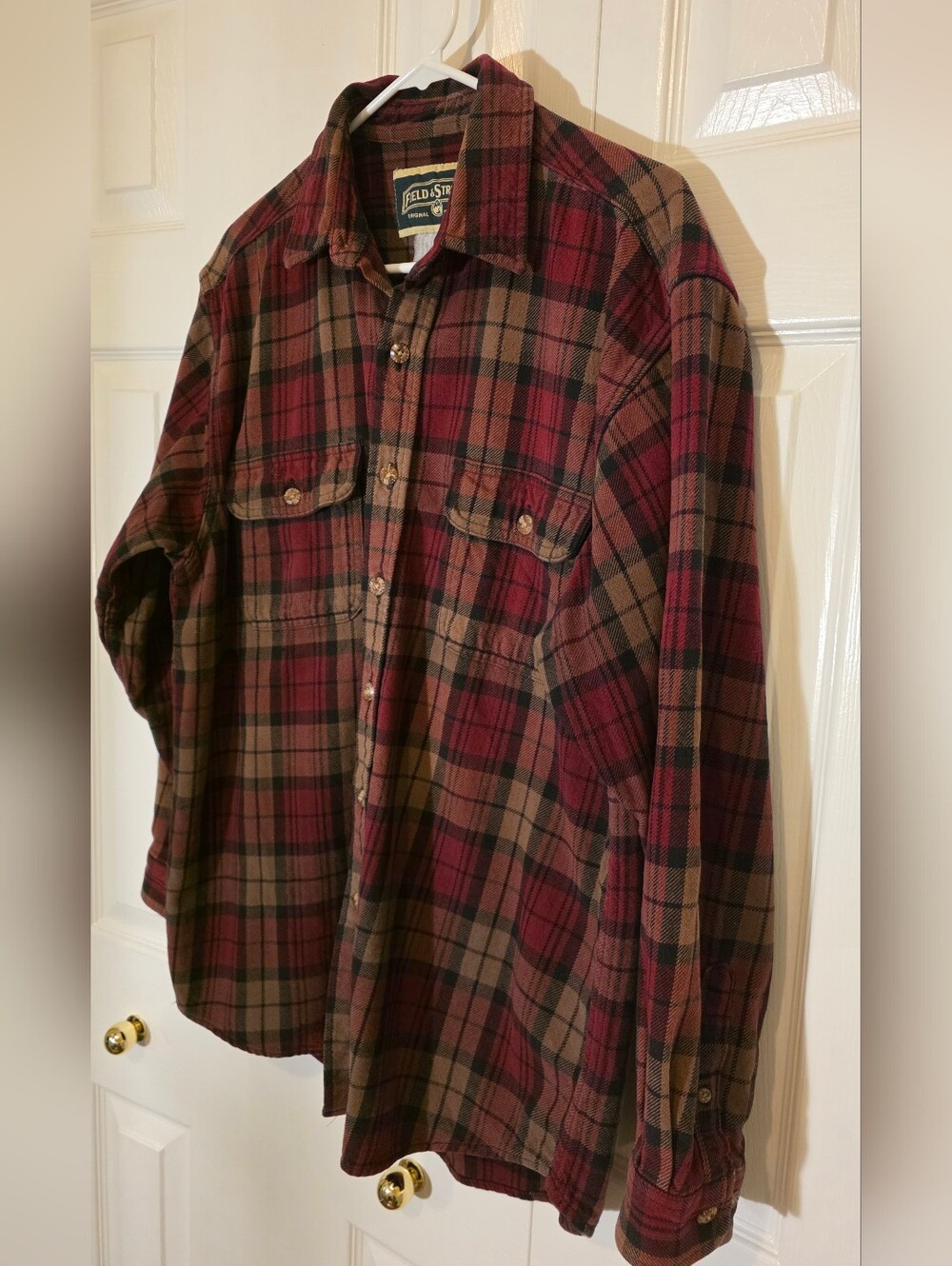 Field & Stream Burgundy and Tan Plaid Heavy Weight Cotton Flannel Shirt M